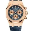Реплика часов Audemars Piguet Royal Oak Chronograph 26239OR.OO.D315CR.01, синий циферблат с розово-золотистыми регистрами на синей коже — фото товара LuxuryWatch