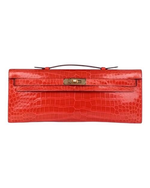 Копия сумки женская Hermès Kelly Cut Orange Poppy Shiny Porosus Crocodile — фото товара LuxuryWatch