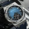 Реплика часов Audemars Piguet Royal Oak Tourbillon Extra-Thin 26522TI.OO.1220TI.01, синий циферблат в серебристом корпусе на синем каучуке — фото товара LuxuryWatch