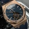 Реплика часов Audemars Piguet Royal Oak Tourbillon Extra-Thin 26522OR.OO.1220OR.01, синий циферблат в розово-золотистом корпусе на синем каучуке — фото товара LuxuryWatch