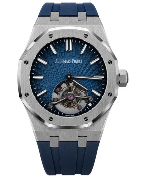 Реплика часов Audemars Piguet Royal Oak Tourbillon Extra-Thin 26522TI.OO.1220TI.01, синий циферблат в серебристом корпусе на синем каучуке — фото товара LuxuryWatch