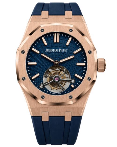 Реплика часов Audemars Piguet Royal Oak Tourbillon Extra-Thin 26522OR.OO.1220OR.01, синий циферблат в розово-золотистом корпусе на синем каучуке — фото товара LuxuryWatch