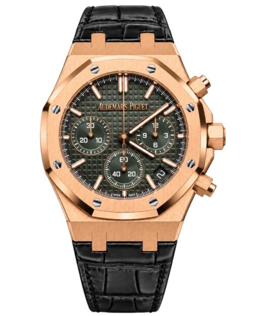 Реплика часов Audemars Piguet Royal Oak Chronograph 26240OR.OO.D404CR.02, зелёный циферблат на чёрном кожаном ремешке — фото товара LuxuryWatch