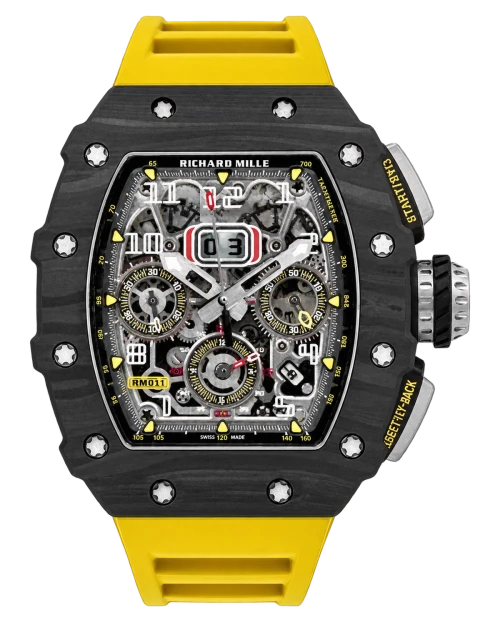Реплика часов Richard Mille RM 011 Automatic Flyback Chronograph Carbon on Yellow Rubber Strap — фото товара LuxuryWatch